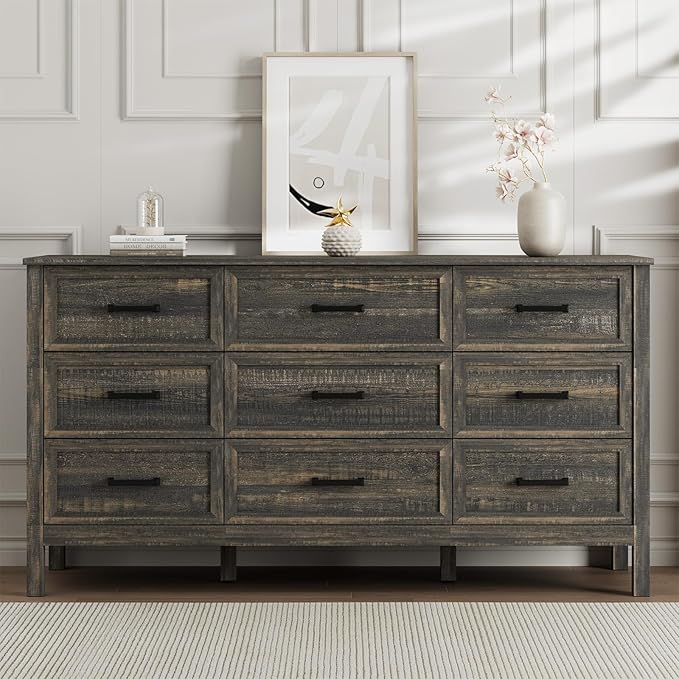 LYNSOM Farmhouse 9 Drawers Dresser for Bedroom, Wood Rustic Wide Chest of Drawers with Deep Drawers, Metal Handle, Storage Dressers Organizer for Entryway, Hallway, Dark Rustic Oak