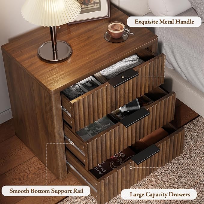Night Stand with 3 Drawers, 23" Wide Modern Bedside Table with Large Storage, Fluted Bed Side End Table with Metal Handle, Tall Nightstand for Bedroom, Living Room, Office, Walnut, Set of 2