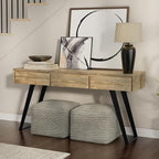SIMPLIHOME Lowry Console Table - 60 Inch Wide Solid Mango Wood and Metal Sofa Table in Natural, Modern Industrial Storage Table for Entryway or Living Room with 3 Drawers and Angled Metal Legs