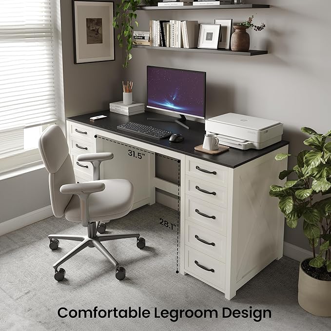 WOPITUES 60" Farmhouse Home Office Desk with 10 Wooden Drawers, Rustic Computer Writing Desk with Power Outlets, Large Executive Desk with Storage Cabinet for Work Study Writing, Black & White