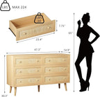 Rattan Dresser for Bedroom, Modern 6 Drawer Dressers & Chest of Drawers, Natural Boho Dresser with Handles Wood Storage Organizer Modern Dressers for Closet, Hallway, Office