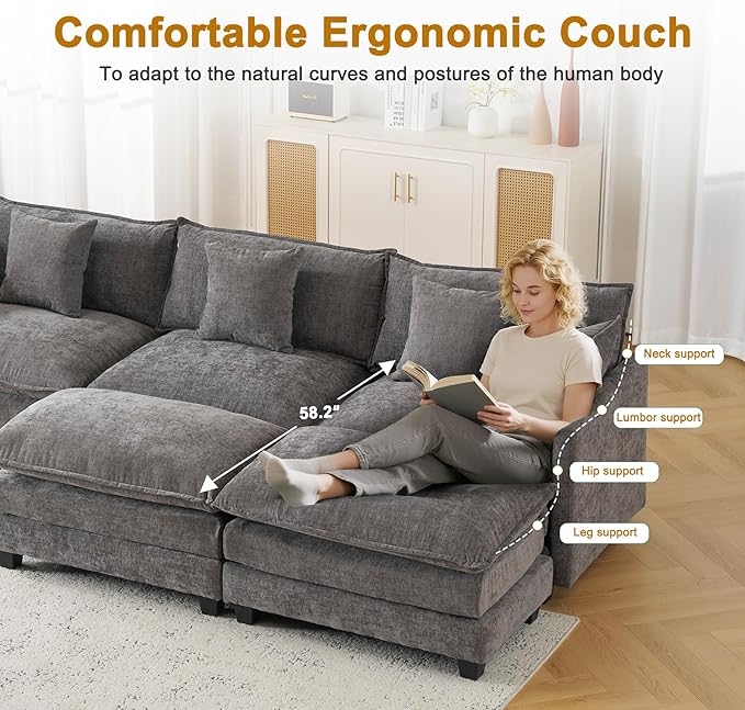 111.4" Cloud Chenille Sectional Sofa 3+2｜Modular 5-Seat Couch with Connector｜FSC Solid Wood Frame｜29.1" Deep Seat｜1YR Comfort Guarantee