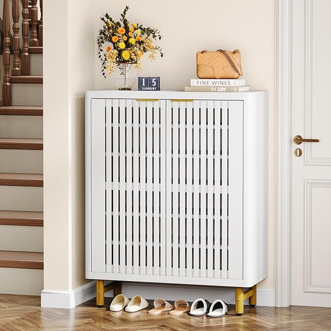 Tribesigns 6-Tier Farmhouse Shoe Cabinet with Shutter Doors, Wooden Shoe Organizer Rack with Adjustable Shelves, Modern Large Hidden Storage Furniture for Entryway, Hallway (White&Gold)