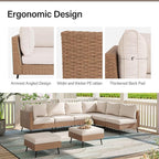 LAUSAINT HOME 9 Pieces Outdoor Patio Furniture Set with 43" Propane Gas Fire Pit Table, Outdoor Sectional Sofa PE Rattan Wicker Patio Conversation Sets with Thick Cushions(Beige