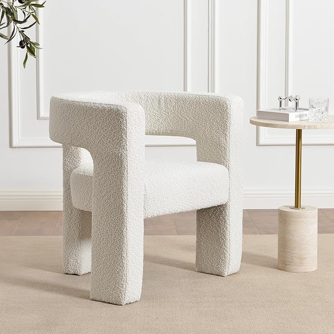KINWELL 28" W Modern Boucle Accent Chair, Mid Century Upholstered Square Armchair, No Assembly Single Sofa Side Chair for Living Room Lounge Bedroom (Cream)