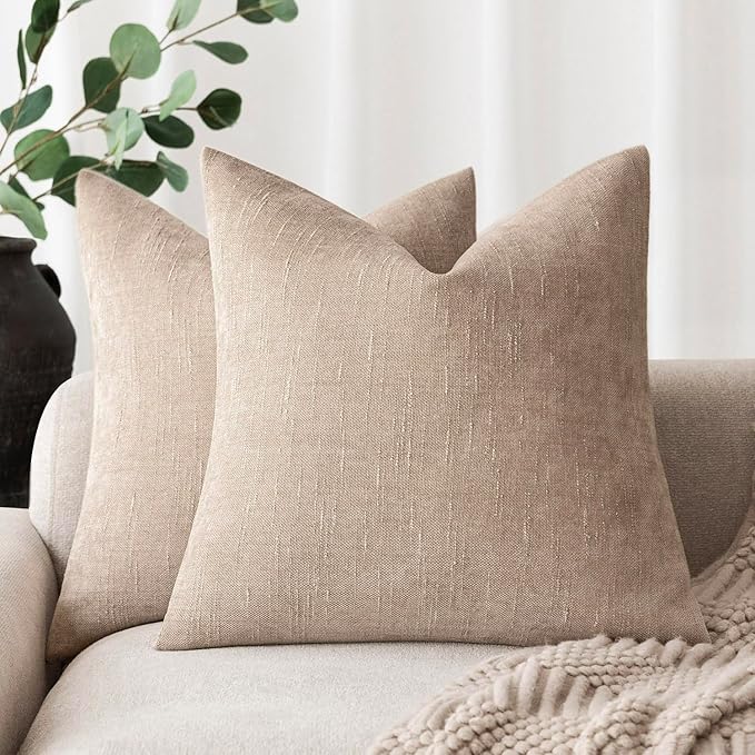 Foindtower Set of 2 Soft Textured Chenille Throw Decorative Pillow Covers Square Accent Solid Cushion Cover Cozy Neutral Farmhouse Pillow Case for Couch Sofa Bedroom Living Room 18x18 Inch,Cream Camel
