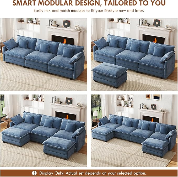 WorthFurni 146” Oversized Modular Sectional Sofa, U Shaped Cloud Couch Set, 4-Seater Comfy Chenille Couches with 2 Movable Ottomans, DIY Combination for Living Room (Blue)