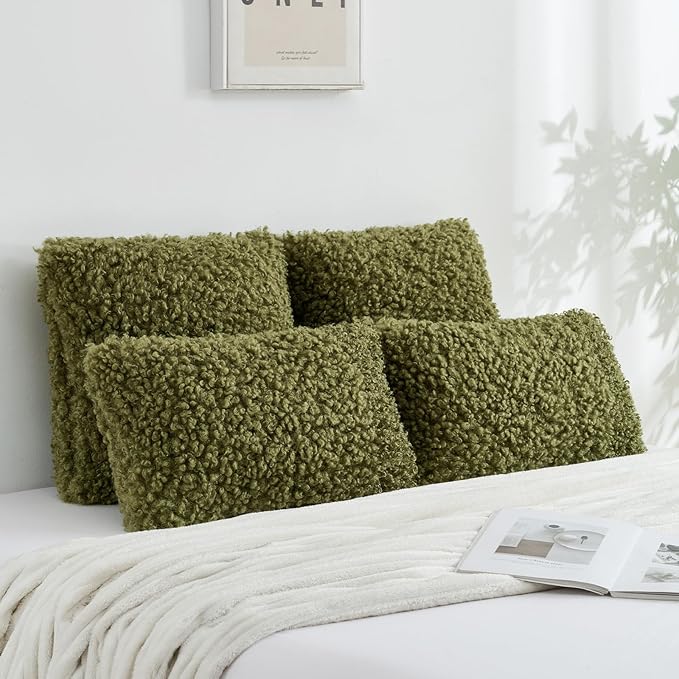 FUTEI Olive Green Decorative Throw Pillow Covers 20x20 Inch Set of 2,Soft Fluffy Faux Wool Fur Boucle Textured Cushion Case,Modern Home Decor for Couch Bed Living Room Office