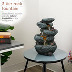 Alpine Corporation TZL418 14" 3 Tier Rock Fountain with LED Lights, Elegant Cascading Water Feature for Tabletop, Indoor Decor, Relaxing Stone Waterfall for Home & Office, Gray