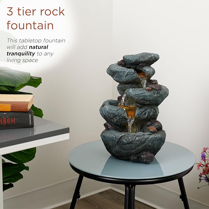 Alpine Corporation TZL418 14" 3 Tier Rock Fountain with LED Lights, Elegant Cascading Water Feature for Tabletop, Indoor Decor, Relaxing Stone Waterfall for Home & Office, Gray