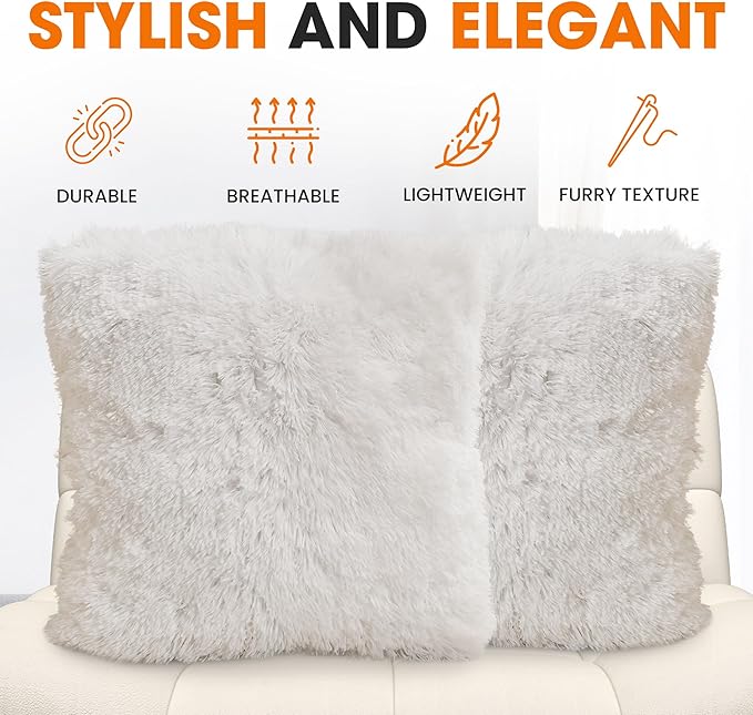 Cheer Collection Throw Pillows for Couch and Bed, Soft Shaggy Throw Pillows with Inserts Included, Cozy Long Hair Faux Fur Pillows - Set of 2-24" x 24" White