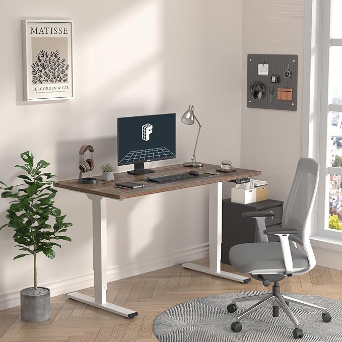 FLEXISPOT E6 3 Stages Dual Motor Electric Standing Desk 48x30 Inch Whole-Piece Board Height Adjustable Electric Sit Stand Desk（White Frame + Brown Wood Grain Desktop, 2 Packages）