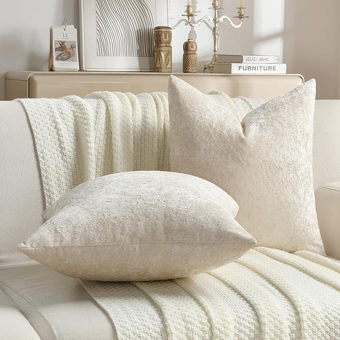 FUTEI Cream Flannel Throw Pillow Covers 16x16 Inch Set of 2,Soft Dimensional Textured Cushion Cases,Modern Home Decor for Couch Living Room