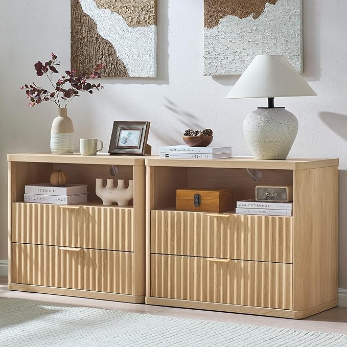LEYAOYAO 31" Wide Fluted Nightstand Set of 2 with Charging Station, Oversized Extra Large 2 Drawers Night Stand,Natural Wood Bedside Table,Tall End Tables,Modern Chest of Drawers Dressers for Bedroom