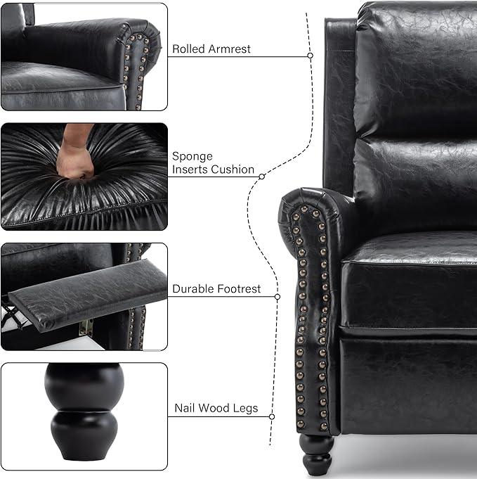 Faux Leather Recliner Chair, Modern Pushback Armchair with Adjustable Backrest & Footrest for Bedroom, Living Room (Black, Set of 2)