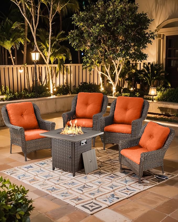 Outdoor Patio Chairs with Fire Pit Table 5 Piece Set - High Back Brown Wicker Rattan Lawn Chair with Thick Cushion for Porch Apartment Deck Yard Poolside Garden - Orange