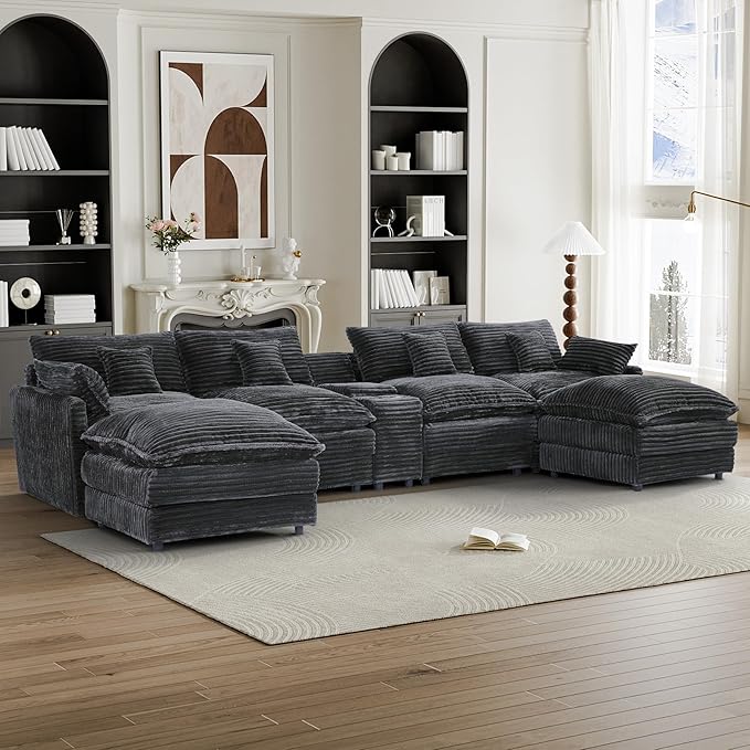HYJT-H&K 145" U Shaped Cloud Couch Modular Dark Grey Sectional Couches for Living Room, Comfy Fluffy Corduroy Oversized Cloud Sectional Couch Large 6 Seat Sectionals Sofa Set Central Console USB Port