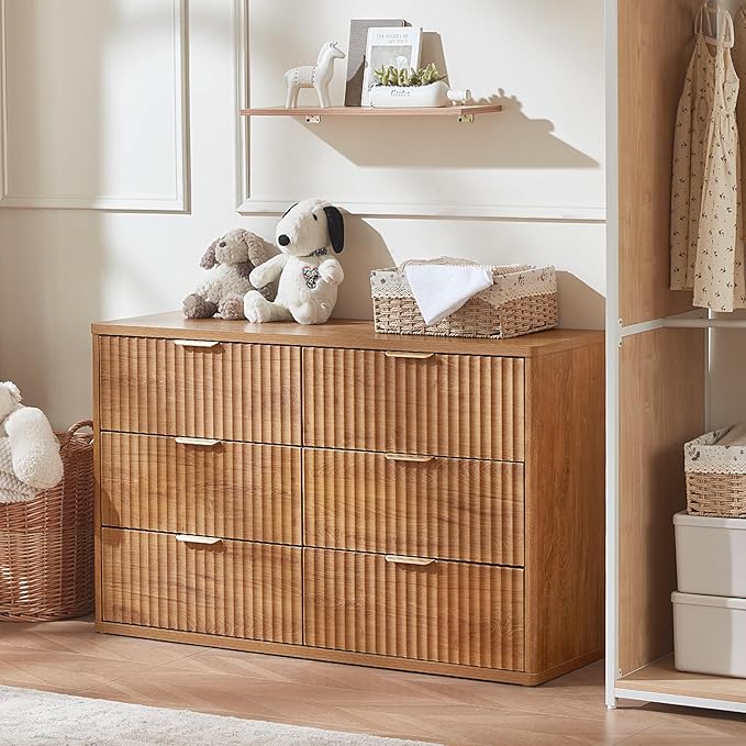 LEYAOYAO Fluted 6 Drawers Dresser, 48" Wide Modern Chest of Drawers with Wood Grain Top, Curved Profile Design, Dresser TV Stand, Wood Drawer Organizer for Bedroom, Living Room, Hallway,Brown