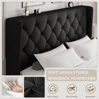 iPormis Queen Size Platform Bed Frame with Button Tufted Headboard, Upholstered Bed Frame with Solid Wooden Slats, 8" Underbed Space, No Box Spring Needed, Noise Free, Easy Assembly, Black