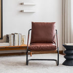 27.56-inch Wide Comfortable Living Room Armchair，Vintage-Style Lounge Chair，with deep Brown Leather Cushion and Metal Frame.