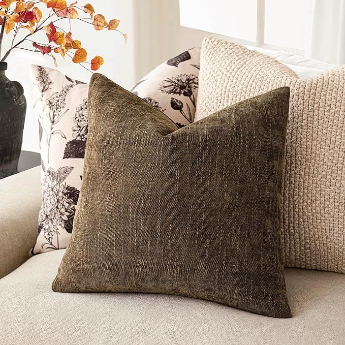 Foindtower Pack of 2 Soft Textured Chenille Throw Decorative Pillow Covers Square Accent Solid Cushion Cover Neutral Farmhouse Pillow Case for Couch Sofa Bedroom Living Room 20x20 Inch,Taupe Brown