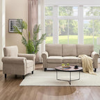 Kingfun 3 Seater Couch with Chair, Mid Century Modern Sofa Set with Rolled Arms and Deep Seats, Fluffy Comfort for Living Room, Apartment, Easy Assembly, Khaki