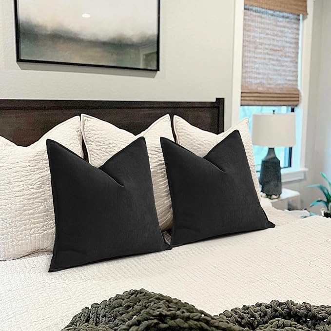 ZWJD Black Pillow Covers 24x24 Set of 2 Chenille Throw Pillow Covers with Elegant Design Soft and Luxurious Decorative Throw Pillows for Couch, Bed, and Home Decor
