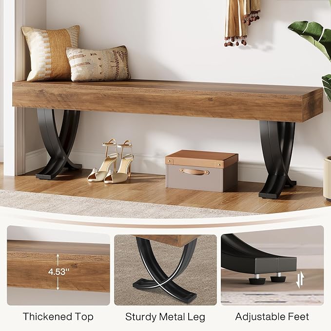Tribesigns Entryway Shoe Bench, 55-Inch Wooden Shoe Bench with Metal X-Shaped Legs, Industrial Long End of Bed Stool with Seating for Bedroom, Living Room, Hallway, Porch