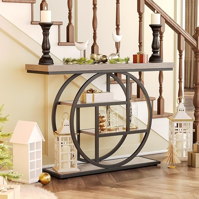 Little Tree Console Table, 4-Tier Entryway Table Behind Couch Table, 41.3-Inch Farmhouse Sofa Table for Living Room, Foyer Hallway Table for Entrance, Grey and Black