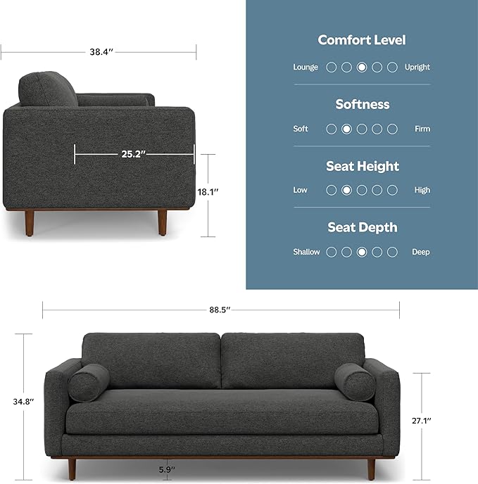 SIMPLIHOME Morrison 89-inch Wide Sofa in Charcoal Grey Woven-Blend Fabric, Handcrafted Mid-Century Modern Couch for Living Room or Family Room, Single Bench Cushion, Bolster Pillows