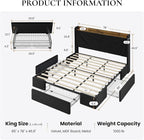 SHA CERLIN King Size Bed Frame with 3 Drawers, USB & Type-C Charging Ports, Velvet Upholstered Platform Bed with Modern Geometric Wingback Storage Headboard, No Box Spring Needed, Easy Assembly, Black