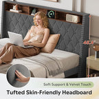 WLIVE King Size Upholstered Bed Frame with Storage Headboard, Velvet Square Tufted Platform Bed with Charging Station, Sturdy Metal & Wooden Slats Support, No Box Spring Needed, Grey