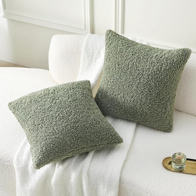 FUTEI Sage Green Throw Pillow Covers 26x26 Inch Set of 2,Furry Faux Fur Teddy Boucle Textured Cushion Covers,Soft Fluffy Decorative Euro Pillow Shams,Home Decor for Couch Bed Living Room Office Car