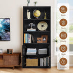 70.8" Tall Fluted Bookshelf with Storage Cabinet, Modern 5-Tier Wood Bookcase with Open Display Storage Shelf, Gold Handles for Office Living Room (Black)