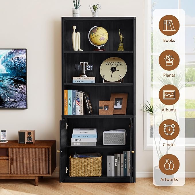 70.8" Tall Fluted Bookshelf with Storage Cabinet Set of 2, Modern 5-Tier Wood Bookcase with Open Display Storage Shelf, Gold Handles for Office Living Room (Black)