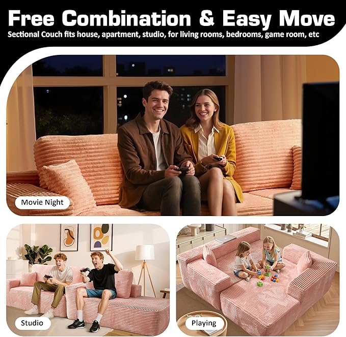 106" Cloud Sectional Couch with L-Shape Chaise, No Assembly Modular Sofa, Deep Seat Plush Corduroy Boneless Couched for Living Room (Pink Plush Corduroy, Right Facing Chaise)