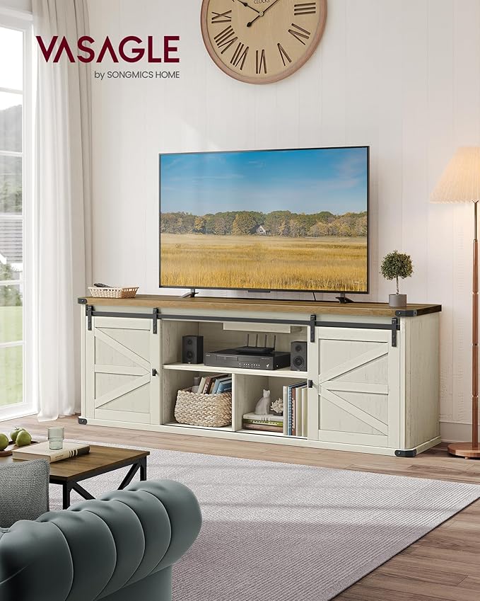 VASAGLE TV Stand for TVs up to 75 Inches, Farmhouse Entertainment Center with Sliding Barn Doors, TV Console Table for Living Room, Rustic White and Honey Brown ULTV325W73