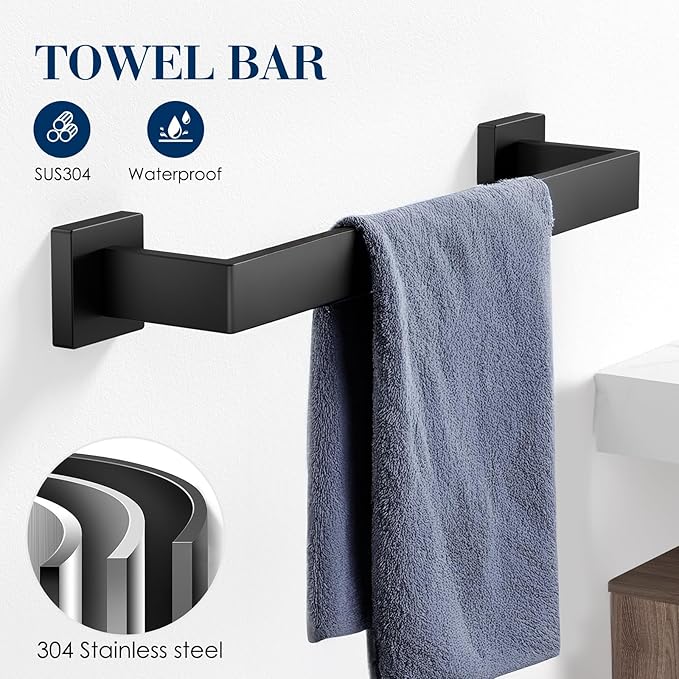 10-Pieces Towel Racks for Bathroom, Matte Black Bathroom Accessory Set, Stainless Steel Black Bathroom Accessories, SUS304 Stainless Steel Wall Mounted, Bath Towel Bar Set