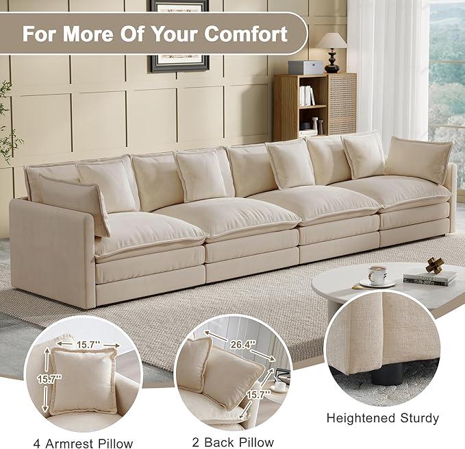 Modular Sectional Sofa, 146.5 Inch I-Shaped Cloud Sofa with Deep Seat Chenille Sofa with Cushions, Four Seater Sectional Sofa for Living Room Apartment,Light Coffee