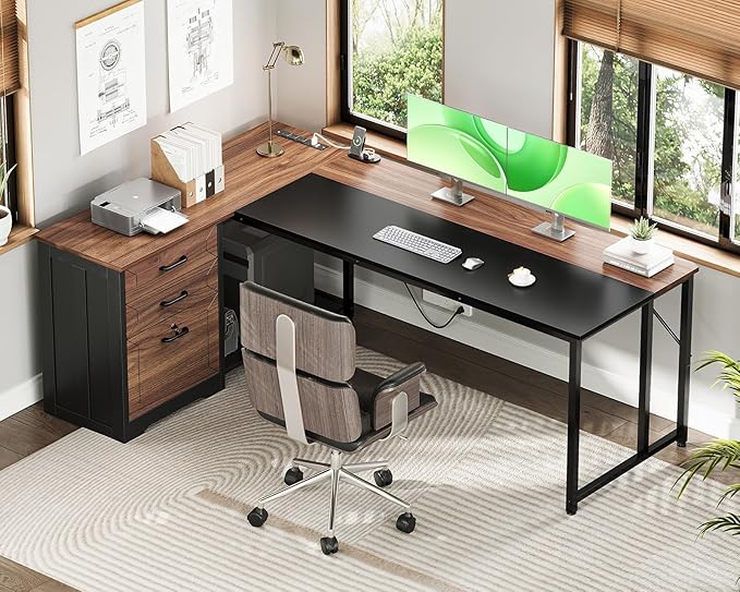 AODK L Shaped Desk with Wood Drawers & Lockable File Cabinet, 61-inch L Shaped Office Desk with Power Outlet & CPU Stand, Reversible Corner Computer Desk with Storage, for Home Office, Walnut