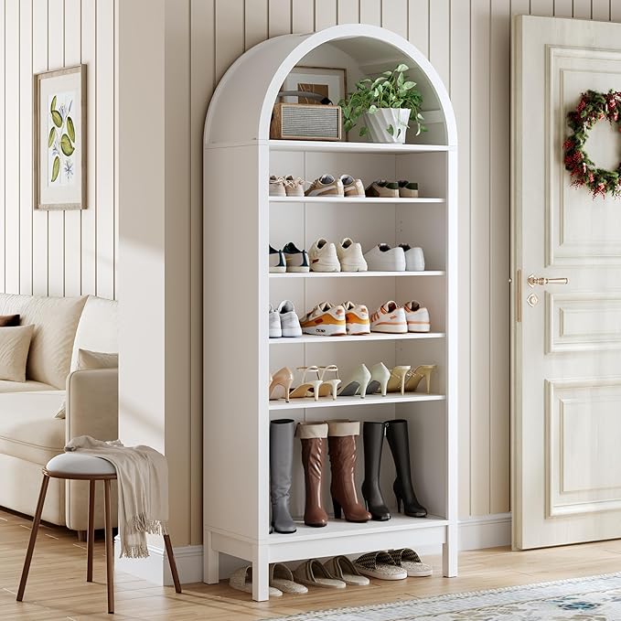 70" Tall Arched Shoe Cabinet, 7-Tier Shoe Rack with 3 Adjustable Shelves, Large Freestanding Shoe Organizer for Entryway, Closet, Hallway, Living Room (Arctic White)