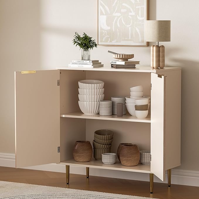 Buffet Sideboard Cabinet with 2 Doors, Kitchen Cabinet with Golden Handles & Legs, Modern Accent Storage Cabinet with Adjustable Shelf, Coffee Bar for Kitchen, Living Room, Oak