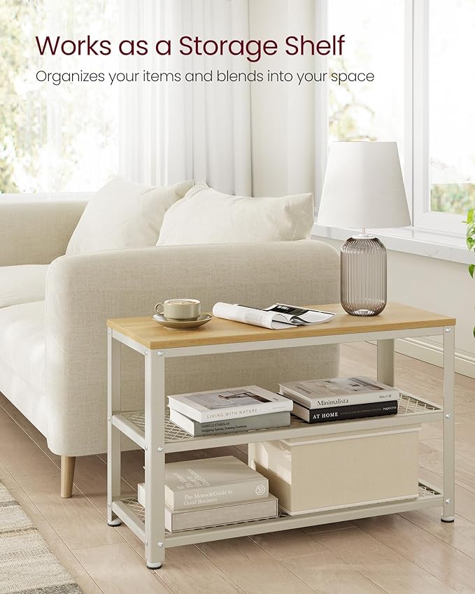 VASAGLE, 3-Tier Shoe Rack, Shelf Storage Bench with Metal Mesh Shelves and Seat, Free Standing Shoe Organizer for Entryway, 11.8 x 28.7 x 17.7 Inches, Oak Beige and Classic White ULBS073W09