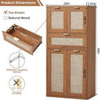 LEYAOYAO 48" Tall Storage Cabinet,Rattan Bathroom Floor Cabinets with 4 Doors & 1Drawer,Boho Kitchen Pantry with Adjustable Shelves,Wooden Cupboard for Living Room,Home Office,Dining,Brown