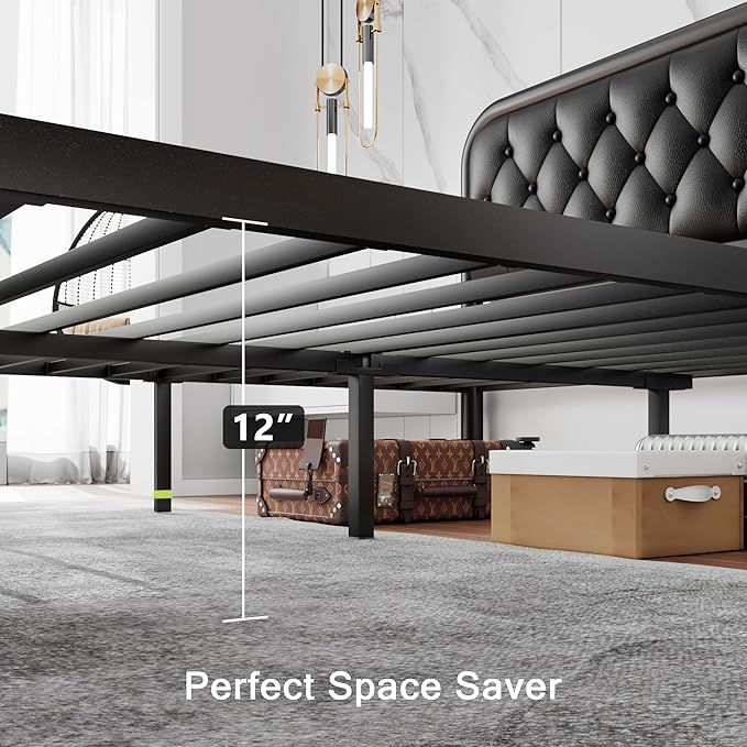 Full Size Metal Bed Frame with Button Tufted Leather Upholstered Headboard and Footboard, U-Shape Support Foundation, No Box Spring Required, Black