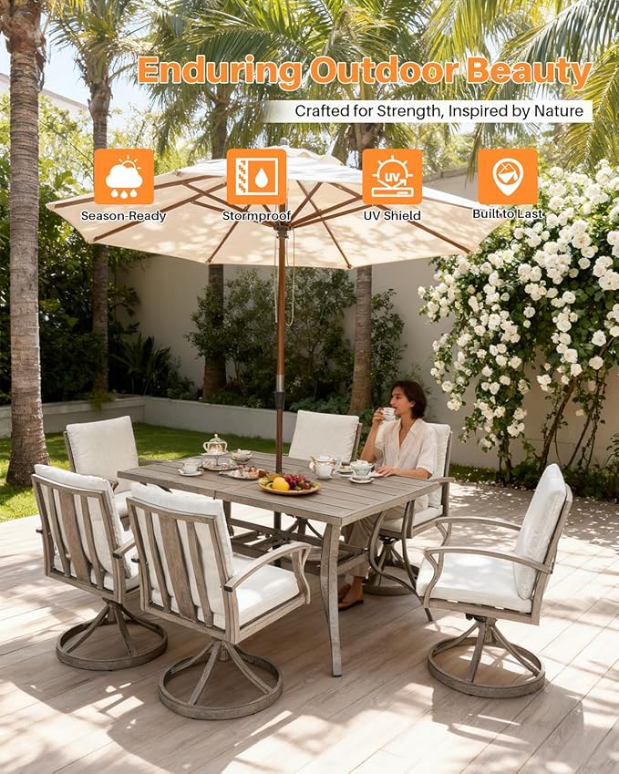 7-Piece Patio Swivel Dining Set for 6, Aluminum Outdoor Dining Set with Umbrella Hole, Patio Dining Furniture with Cushions, Outdoor Table and 6 Swivel Chairs for Deck Garden Yard, Limed Oak
