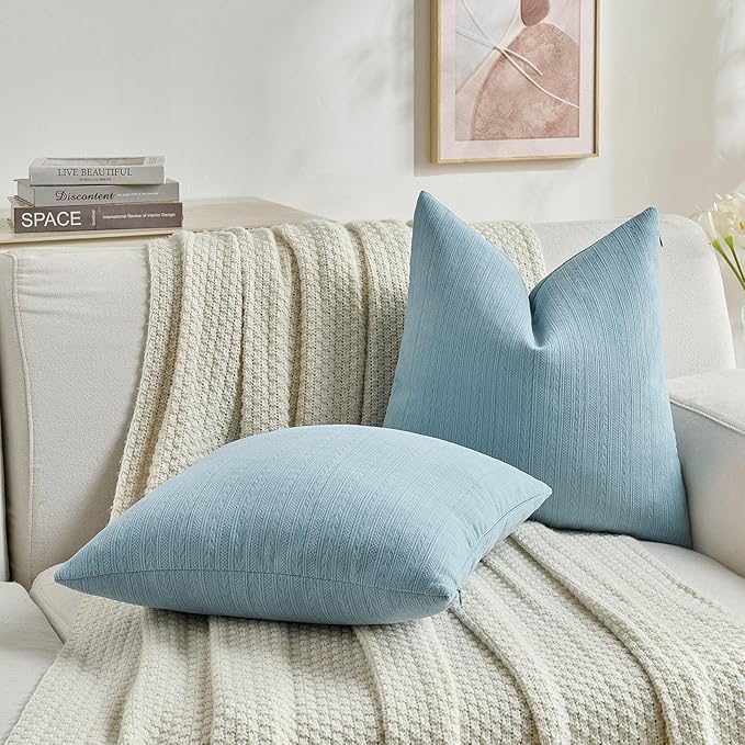 FUTEI Denim Blue Decorative Throw Pillow Covers 24x24 Inch Set of 2,Soft Cozy Wheat Ear Striped Patterns European Cushion Cases,Modern Home Decor for Couch Bed Living Room