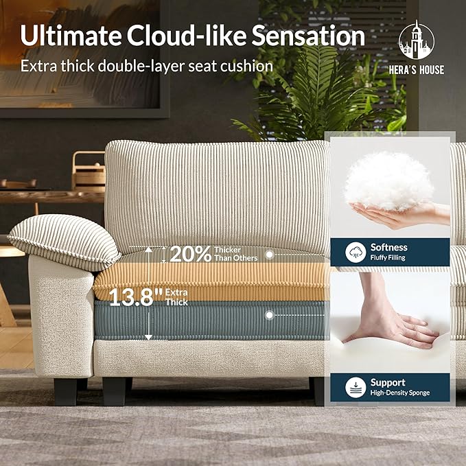 HERA'S HOUSE Oversized Modular Sectional Sofa, 124" L Shaped Cloud Couch with Ottoman and Throw Pillow, Mixed Fabric Sleek Couches for Living Room, Beige