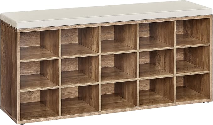VASAGLE CUSTOS Collection - Shoe Bench, Storage Bench with Padded Seat, Entryway Bench with 15 Compartments, for Bedroom, 11.8 x 41.3 x 18.9 Inches, Honey Brown and Cappuccino Beige ULHS015K02