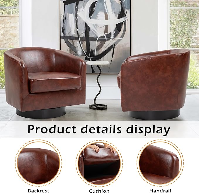 Lumibee Swivel Accent Chairs Set of 2, Faux Leather Swivel Barrel Chairs for Living Room, Modern Comfy Upholstered Round Armchairs Single Sofa Chairs for Bedroom, Club-Red Brown